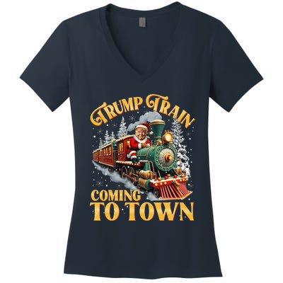 Trump Train Christmas Coming To Town Santa Trump 2024 Xmas Women's V-Neck T-Shirt