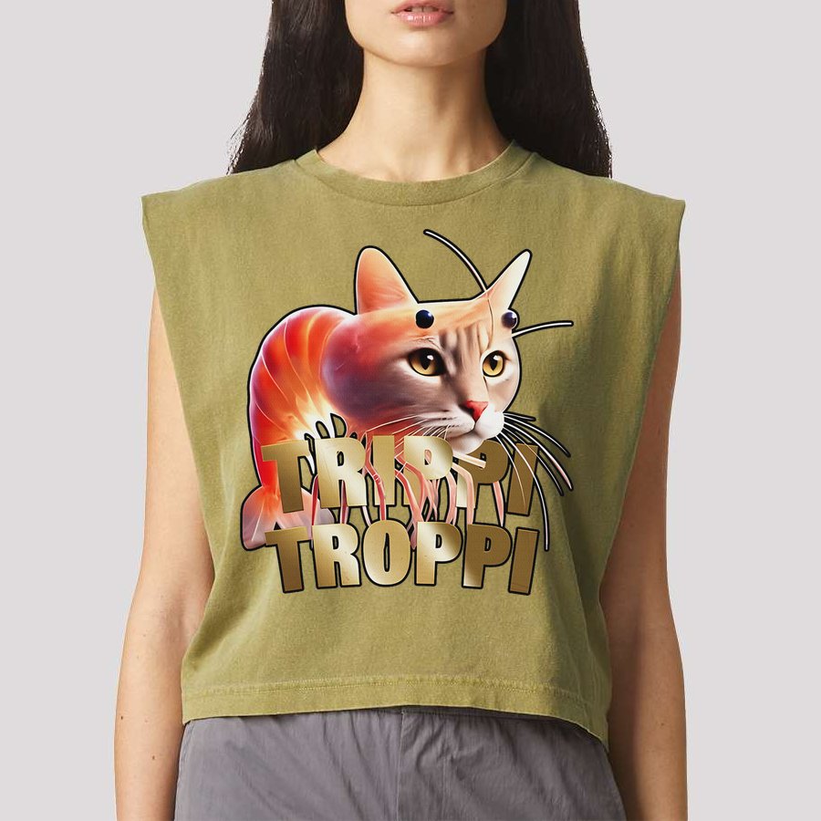 Trippi Troppi Cat Funny Meme Brainrot Humor Gen Z Garment-Dyed Women's Muscle Tee