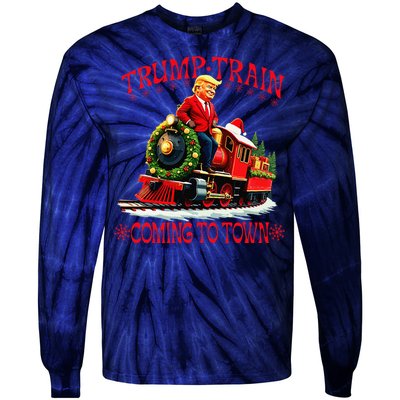 Trump Train Christmas Coming To Town Santa Trump 2024 Xmas Tie-Dye Long Sleeve Shirt