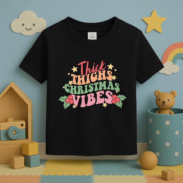 Thick Thighs Christmas Vibes Retro Holiday Funny Toddler T-Shirt
