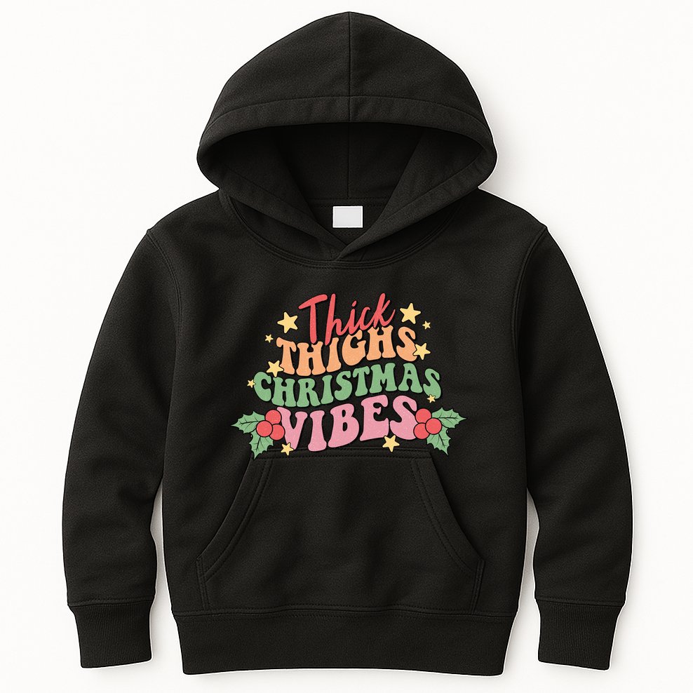 Thick Thighs Christmas Vibes Retro Holiday Funny Kids Hoodie