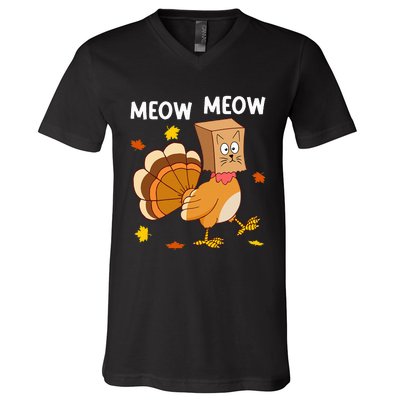 Thanksgiving Turkey Cat Meow V-Neck T-Shirt