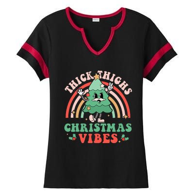 Thick Thighs Christmas Vibes Xmas Tree Rainbow Retro Pajama Ladies Halftime Notch Neck Tee