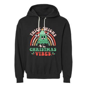 Thick Thighs Christmas Vibes Xmas Tree Rainbow Retro Pajama Garment-Dyed Fleece Hoodie