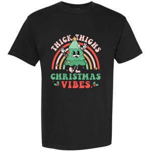 Thick Thighs Christmas Vibes Xmas Tree Rainbow Retro Pajama Garment-Dyed Heavyweight T-Shirt