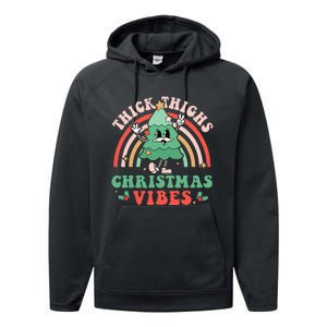 Thick Thighs Christmas Vibes Xmas Tree Rainbow Retro Pajama Performance Fleece Hoodie