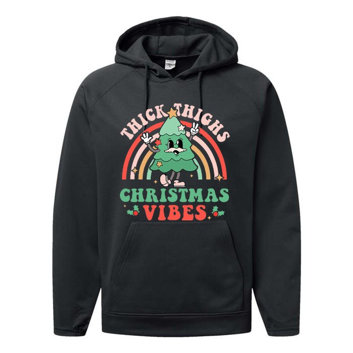 Thick Thighs Christmas Vibes Xmas Tree Rainbow Retro Pajama Performance Fleece Hoodie