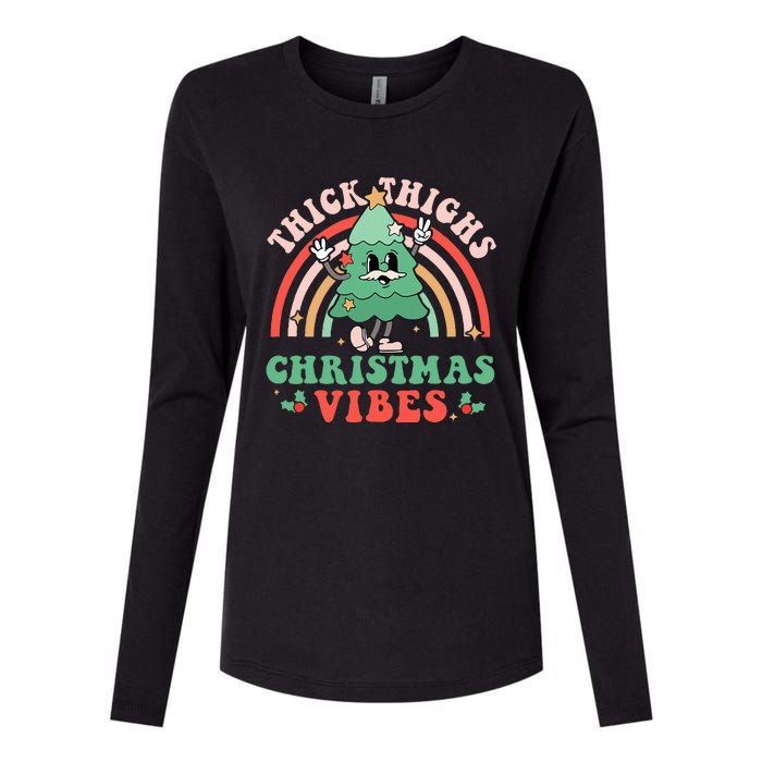 Thick Thighs Christmas Vibes Xmas Tree Rainbow Retro Pajama Womens Cotton Relaxed Long Sleeve T-Shirt