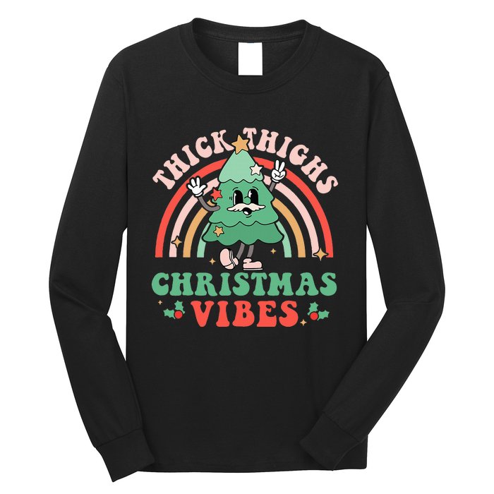 Thick Thighs Christmas Vibes Xmas Tree Rainbow Retro Pajama Long Sleeve Shirt