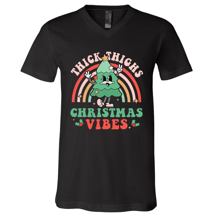 Thick Thighs Christmas Vibes Xmas Tree Rainbow Retro Pajama V-Neck T-Shirt