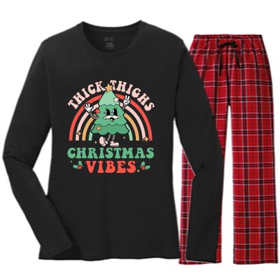 Thick Thighs Christmas Vibes Xmas Tree Rainbow Retro Pajama Women's Long Sleeve Flannel Pajama Set 