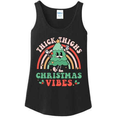 Thick Thighs Christmas Vibes Xmas Tree Rainbow Retro Pajama Ladies Essential Tank