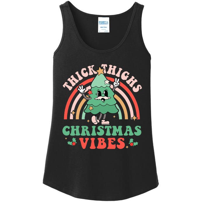 Thick Thighs Christmas Vibes Xmas Tree Rainbow Retro Pajama Ladies Essential Tank