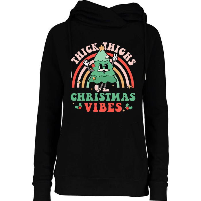 Thick Thighs Christmas Vibes Xmas Tree Rainbow Retro Pajama Womens Funnel Neck Pullover Hood