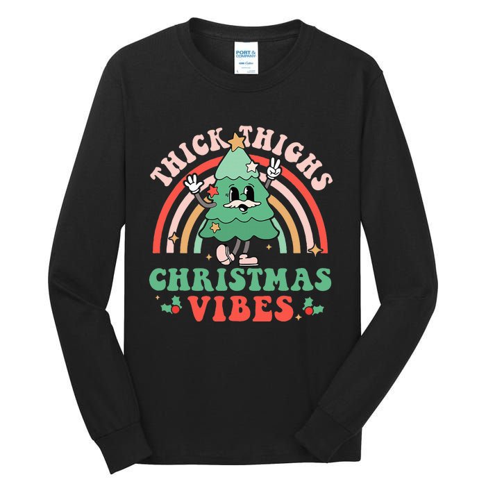 Thick Thighs Christmas Vibes Xmas Tree Rainbow Retro Pajama Tall Long Sleeve T-Shirt