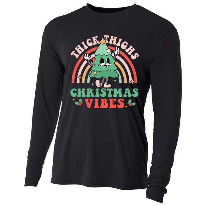 Thick Thighs Christmas Vibes Xmas Tree Rainbow Retro Pajama Cooling Performance Long Sleeve Crew