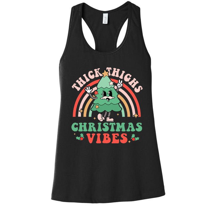 Thick Thighs Christmas Vibes Xmas Tree Rainbow Retro Pajama Women's Racerback Tank