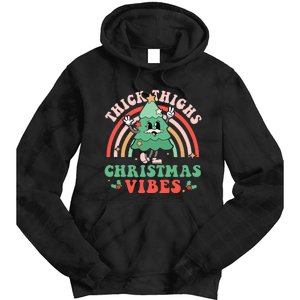 Thick Thighs Christmas Vibes Xmas Tree Rainbow Retro Pajama Tie Dye Hoodie