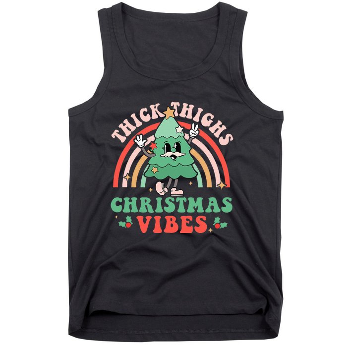 Thick Thighs Christmas Vibes Xmas Tree Rainbow Retro Pajama Tank Top