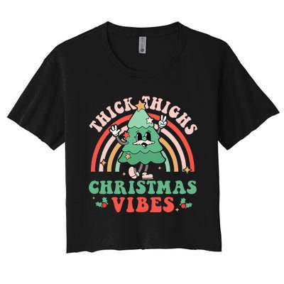 Thick Thighs Christmas Vibes Xmas Tree Rainbow Retro Pajama Women's Crop Top Tee