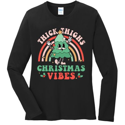 Thick Thighs Christmas Vibes Xmas Tree Rainbow Retro Pajama Ladies Long Sleeve Shirt