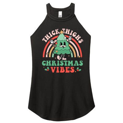 Thick Thighs Christmas Vibes Xmas Tree Rainbow Retro Pajama Women’s Perfect Tri Rocker Tank