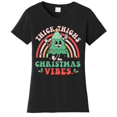 Thick Thighs Christmas Vibes Xmas Tree Rainbow Retro Pajama Women's T-Shirt