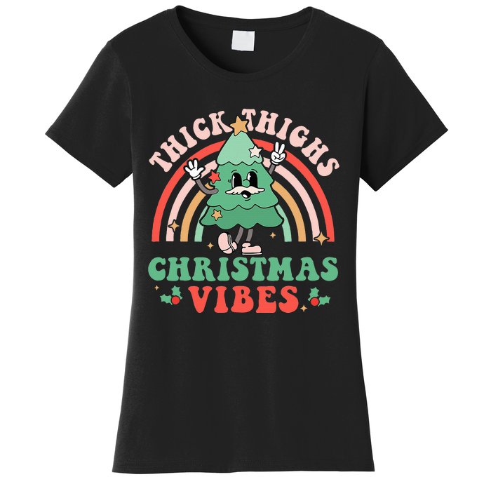 Thick Thighs Christmas Vibes Xmas Tree Rainbow Retro Pajama Women's T-Shirt