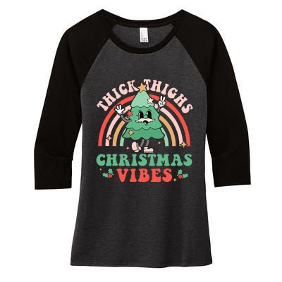 Thick Thighs Christmas Vibes Xmas Tree Rainbow Retro Pajama Women's Tri-Blend 3/4-Sleeve Raglan Shirt