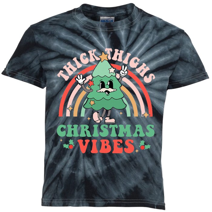 Thick Thighs Christmas Vibes Xmas Tree Rainbow Retro Pajama Kids Tie-Dye T-Shirt