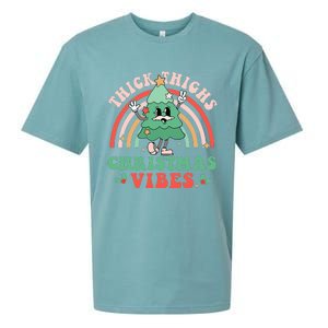 Thick Thighs Christmas Vibes Xmas Tree Rainbow Retro Pajama Sueded Cloud Jersey T-Shirt