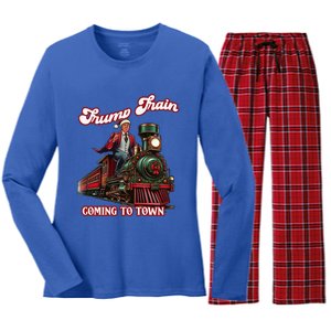 Trump Train Christmas Coming To Town Santa Trump 2024 Xmas Gift Women's Long Sleeve Flannel Pajama Set 