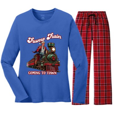 Trump Train Christmas Coming To Town Santa Trump 2024 Xmas Gift Women's Long Sleeve Flannel Pajama Set 