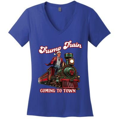 Trump Train Christmas Coming To Town Santa Trump 2024 Xmas Gift Women's V-Neck T-Shirt