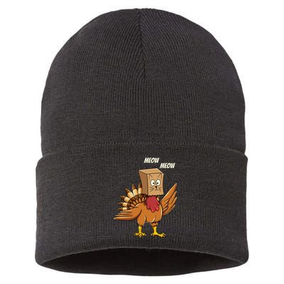 Thanksgiving Turkey Cat Meow Funny Thanksgiving Sustainable Knit Beanie