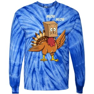 Thanksgiving Turkey Cat Meow Funny Thanksgiving Tie-Dye Long Sleeve Shirt