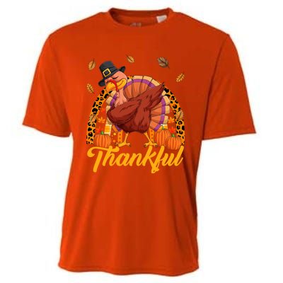 Thankful Turkey Dabbing Leopard Rainbow Fall Thanksgiving Gift Cooling Performance Crew T-Shirt