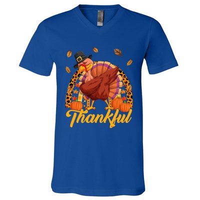 Thankful Turkey Dabbing Leopard Rainbow Fall Thanksgiving Gift V-Neck T-Shirt