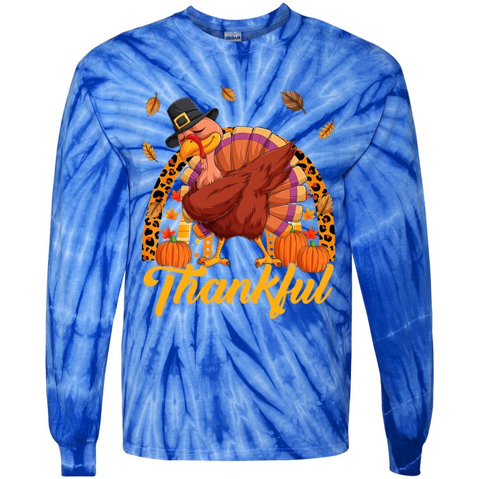 Thankful Turkey Dabbing Leopard Rainbow Fall Thanksgiving Gift Tie-Dye Long Sleeve Shirt