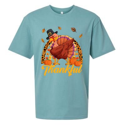 Thankful Turkey Dabbing Leopard Rainbow Fall Thanksgiving Gift Sueded Cloud Jersey T-Shirt