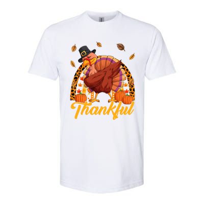 Thankful Turkey Dabbing Leopard Rainbow Fall Thanksgiving Gift Softstyle CVC T-Shirt