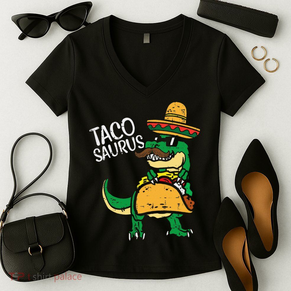 Tacosaurus Taco Dino Trex Cinco De Mayo Funny Women's V-Neck T-Shirt