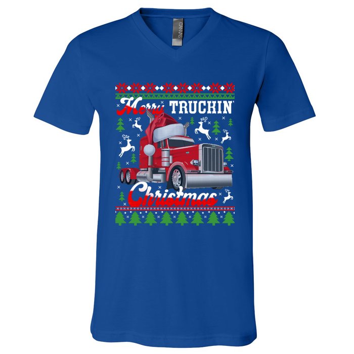 Trucker Truck Driver Ugly Xmas Merry Trucking Christmas Great Gift V-Neck T-Shirt