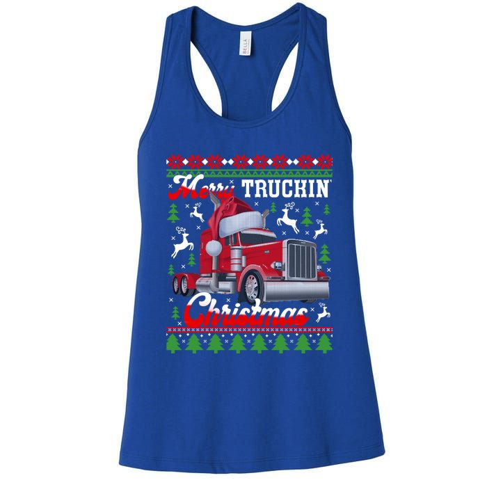 Trucker Truck Driver Ugly Xmas Merry Trucking Christmas Great Gift Women's Racerback Tank