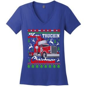 Trucker Truck Driver Ugly Xmas Merry Trucking Christmas Great Gift Women's V-Neck T-Shirt