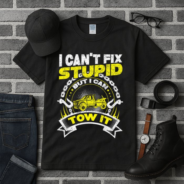 Tow Truck Driver Wrecker I Can't Fix Stupid But I Can Tow It Tall T-Shirt