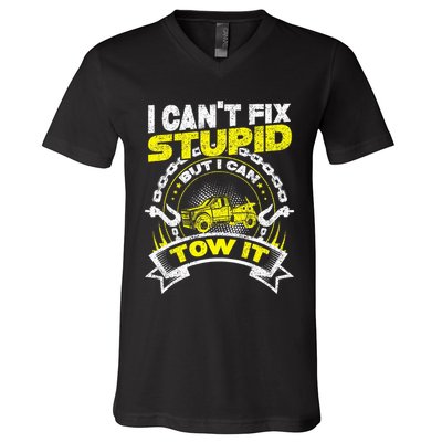 Tow Truck Driver Wrecker I Can't Fix Stupid But I Can Tow It V-Neck T-Shirt