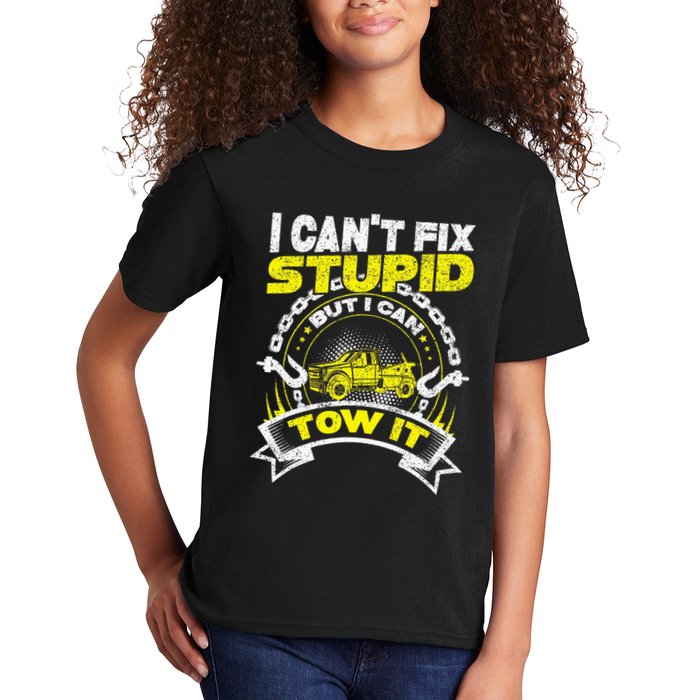 Tow Truck Driver Wrecker I Can't Fix Stupid But I Can Tow It Kids T-Shirt