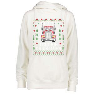 Trucker Truck Driver Ugly Xmas Merry Trucking Christmas Gift Womens Funnel Neck Pullover Hood