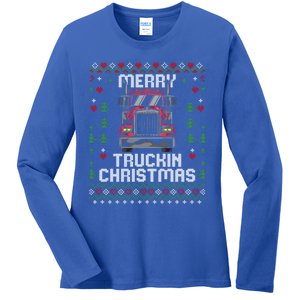 Trucker Truck Driver Ugly Xmas Merry Trucking Christmas Gift Ladies Long Sleeve Shirt